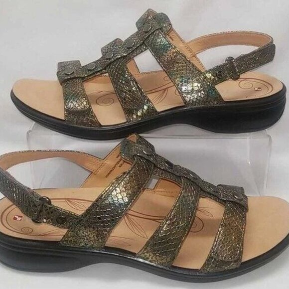 Revere 12 W Leather Toledo Sandals Peacock Python Slingback Comfort Iridescent - Picture 1 of 13